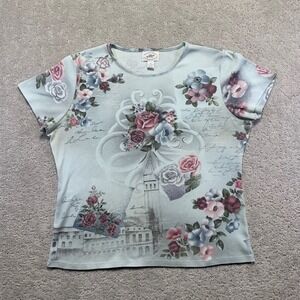 Moving Bleu Floral Print T Shirt Womens XL Short Sleeve Roses Cottagecore
